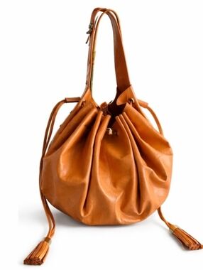 RARE Givenchy Y2K Oversized Leather Bucket Bag Tassel Drawstring Cognac Boho Lux